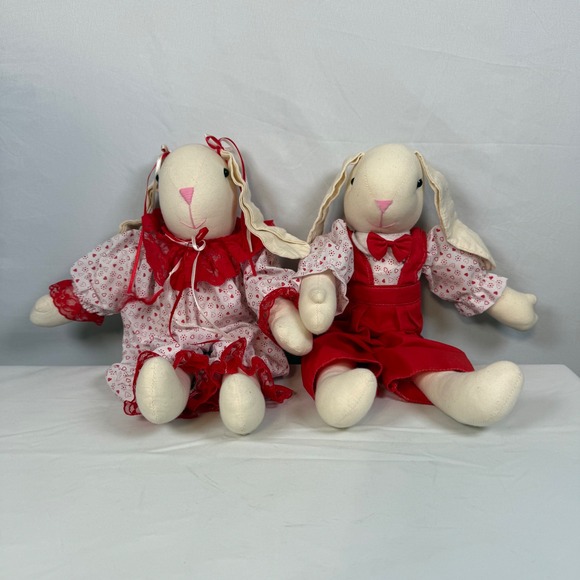 Vintage Handmade Valentines Bunnies Rabbits Plush Stuffed‎ Animal Decor 16" - Picture 1 of 10